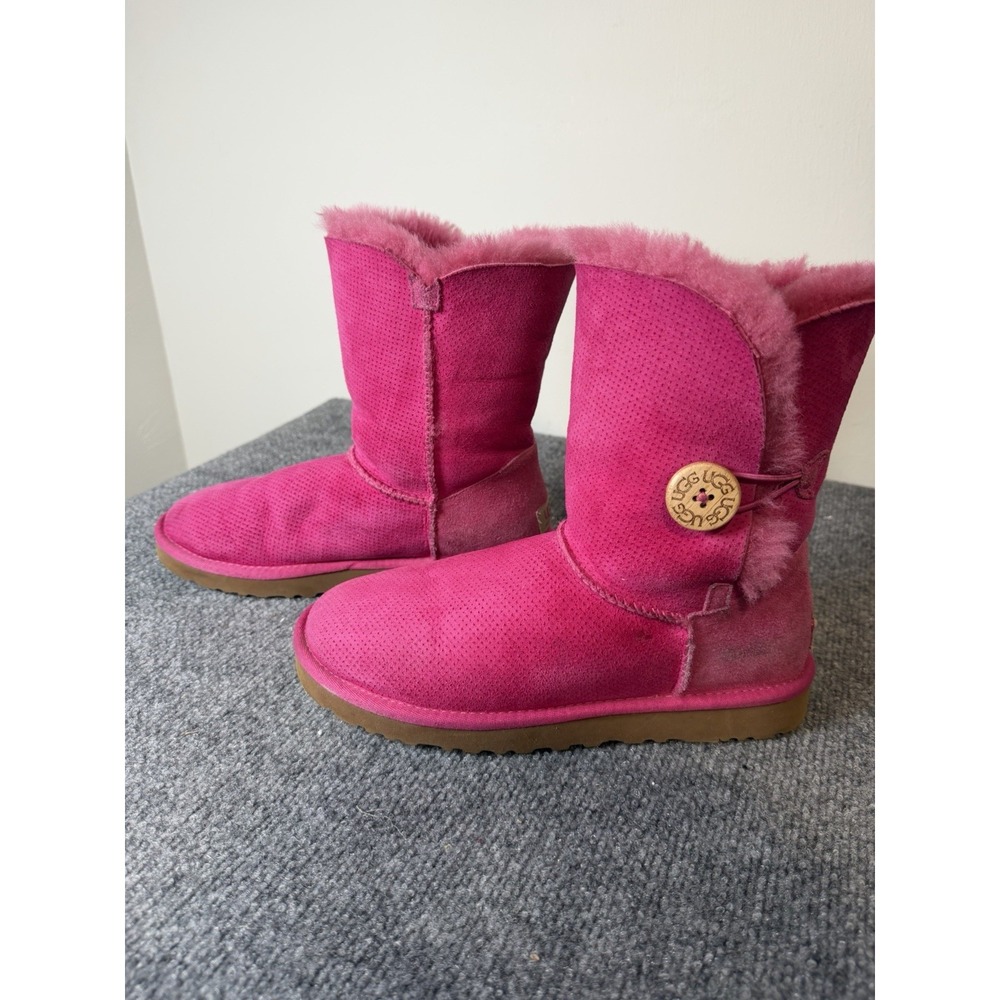 UGG Bailey Button Pink Suede Shearling Lined Mid-Calf Boot Women US 7 M
